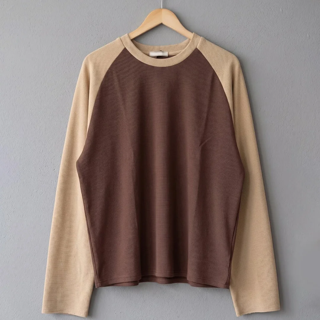 product custom premium knit fabric mens waffle raglan blank solid color long sleeve t shirt loose boxy streetwear casual tee-4