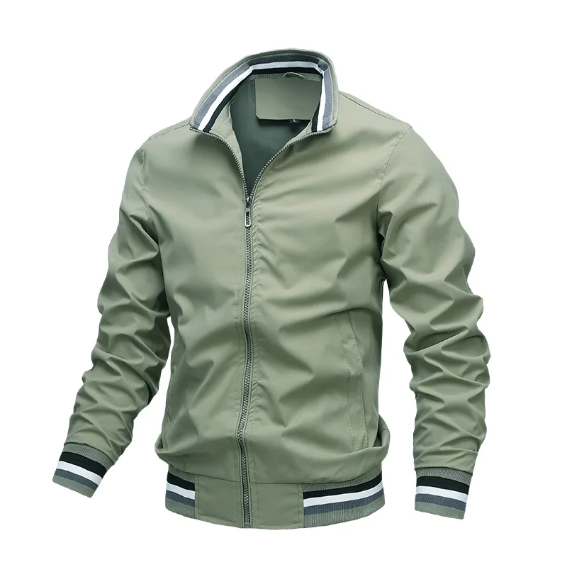 Men's Casual Solid Color Jacket Men Zipper Stand Collar Cotton Jacket Slim-Fit Simple and Versatile Jacket with Pockets