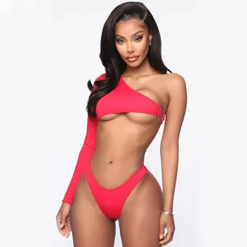 2021 fashion one shoulder sexy swimsuit print bikinis red triangle split bathing suit