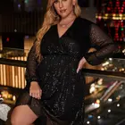 Dress Women Birthday Party Black Plus Size Long Sleeve Sexy Sequin Shine Dress