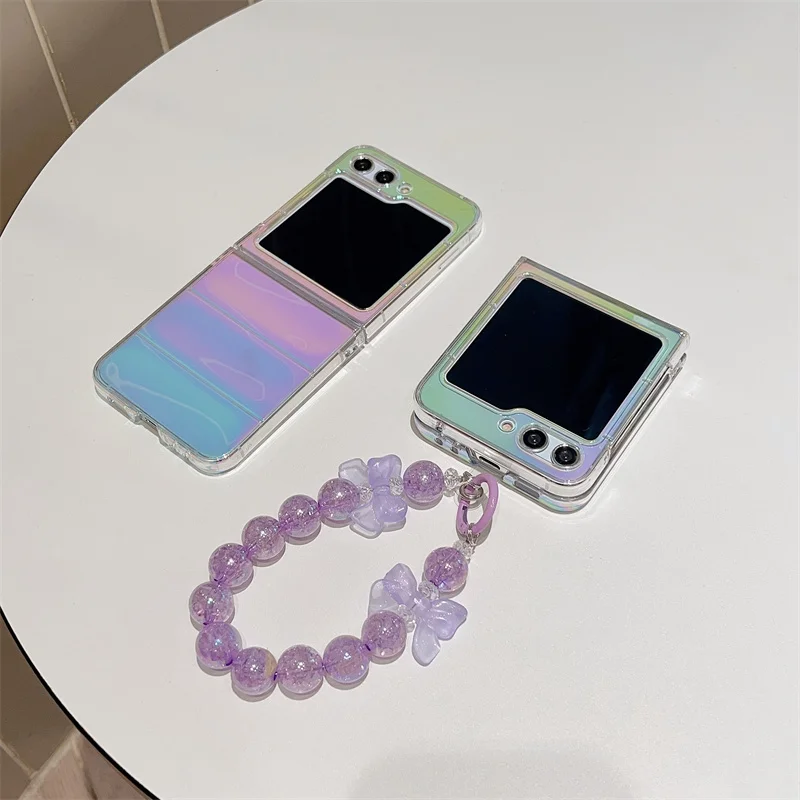 Colorful Hard PC Transparent Phone Cover For Samsung Z Flip 5 4 3 Cases With Chain Strap Folding Cover For Samsung Z Fold 5 4 3
