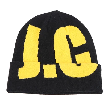 Wholesale Jacquard logo men black winter slouchy knitted hats custom beanie hat