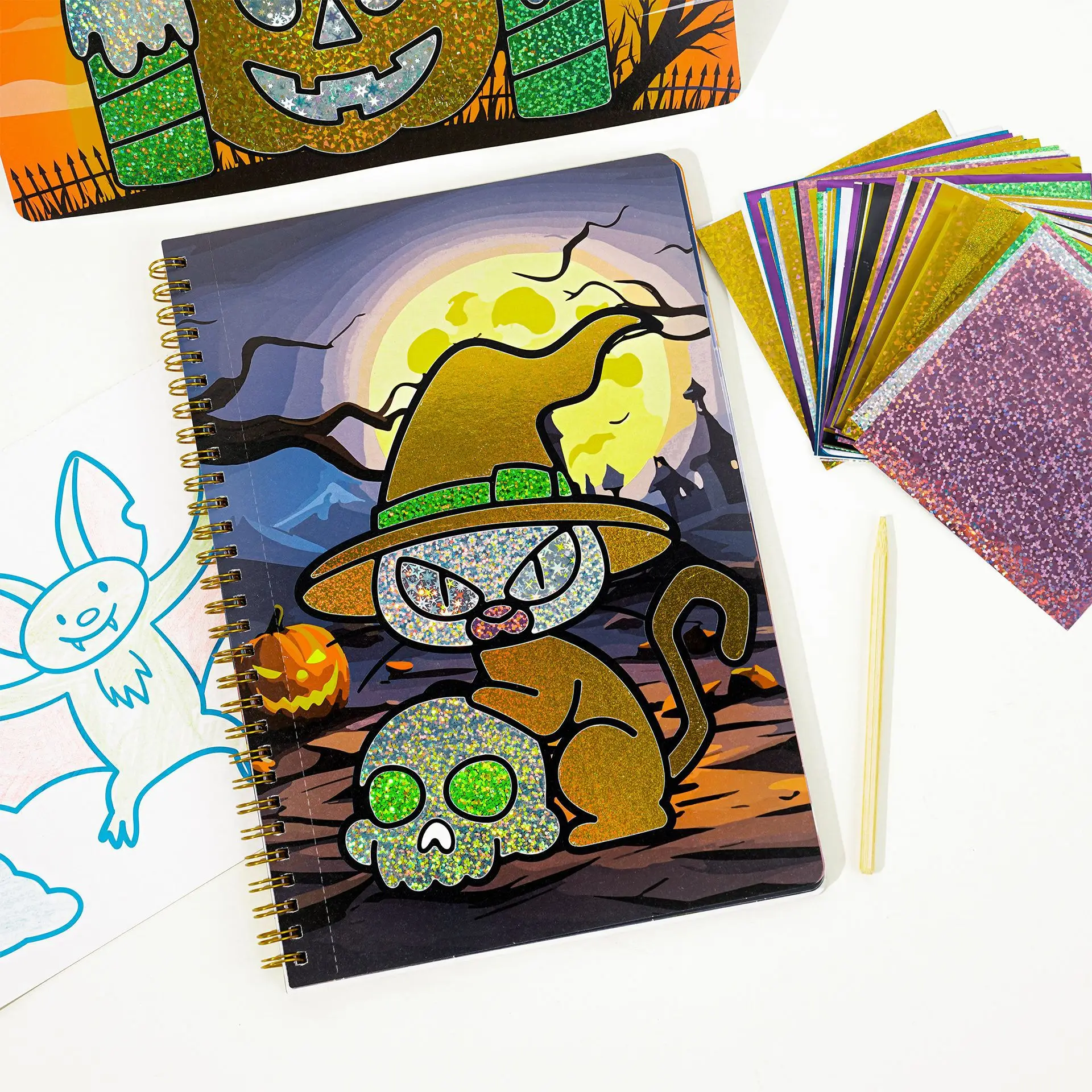 Produkt Halloween Kürbis Folie DIY Scratch Art Spiral Kit Großhandel Handwerk Aktivitätsbuch für Kinder Papier Zeichenspielzeug zum Malen-26