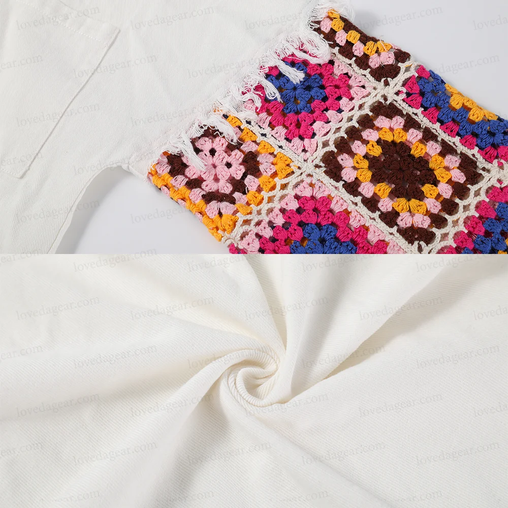 Western Vintage Fashion Boho Rainbow Yarn Crochet Sleeve Canvas Denim Shackets Jean Jacket for Women