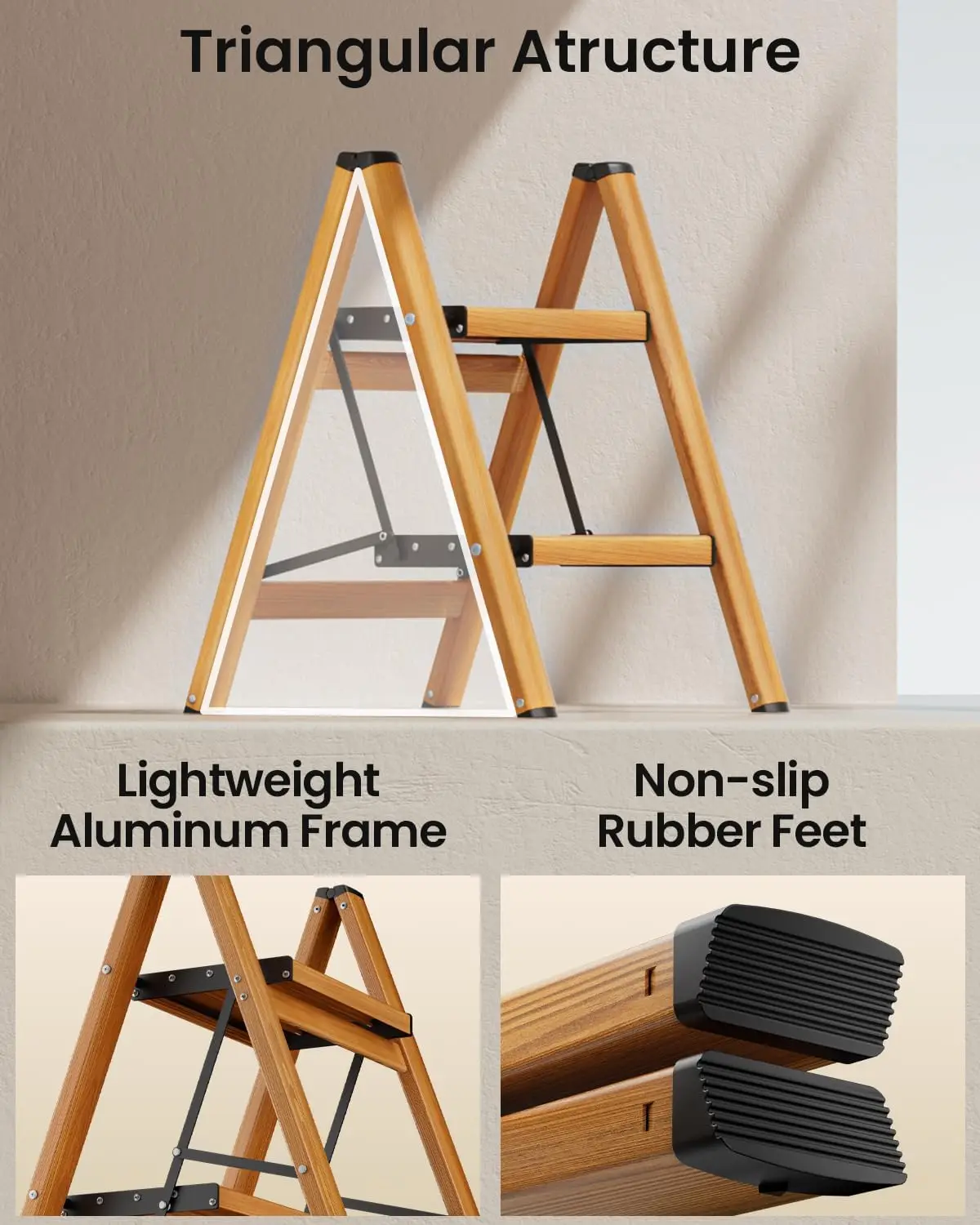 product bamboo step stool 2 step folding ladder space saving foldable step stool for kitchen non slip heavy duty step stool for adults-3