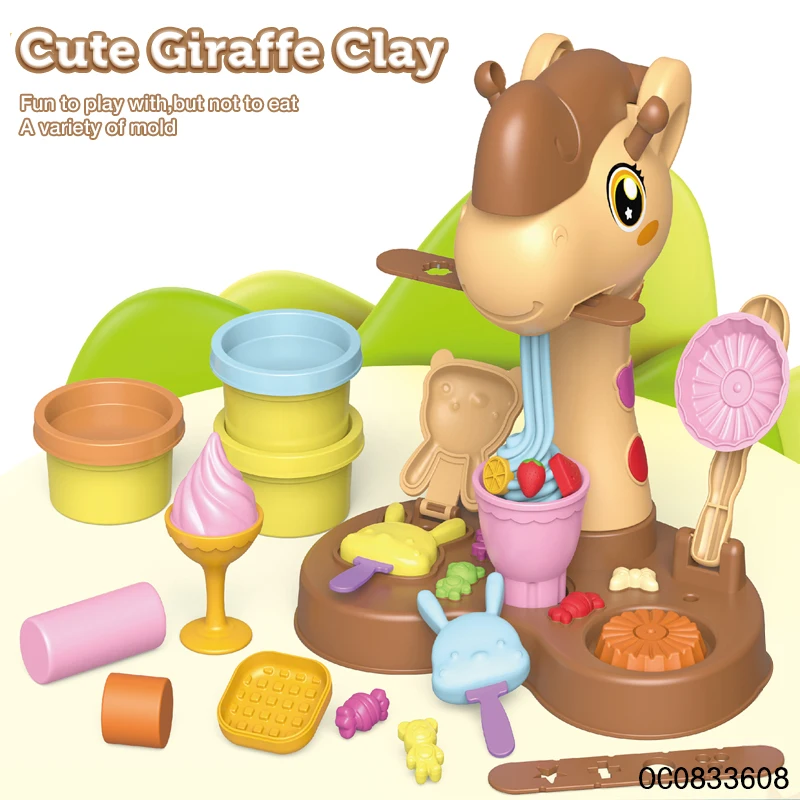 Cartoon giraffe play dough molding machine set kids with 6 bottles colored clay