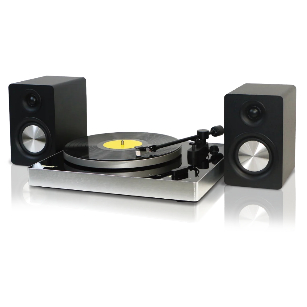 gpo piccadilly matte black turntable with speakers