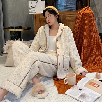 2022 Custom Logo New Elegant Winter Pajamas Lady's Thick Fleece Sleepwear Two Piece Pyjama Set Women Warm Home Clothes Nightwear