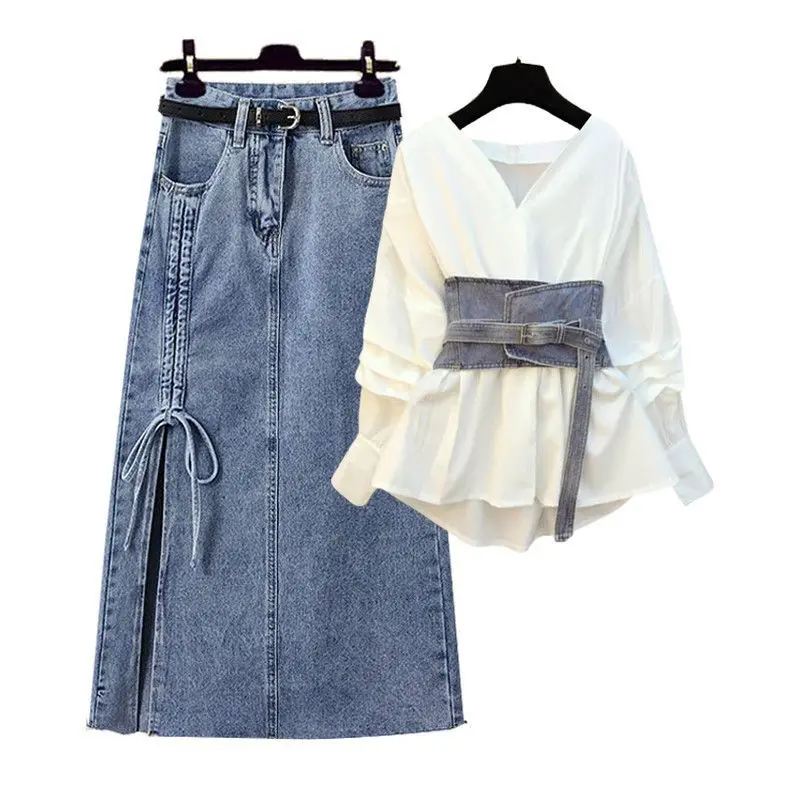 Summer Women's Suit New Style Plus-Size Anti-Wrinkle V-Neck Midi Waist-Cinching Shirt Denim Skirt Two-Piece Set manufacture