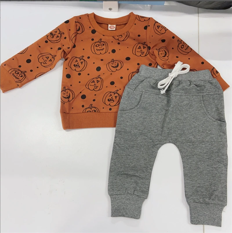 RTS Newborn baby boys sweatshirt set long sleeve pumpkin print toddler baby boys Halloween 2pcs clothes outfits sets