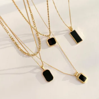 MICCI High Quality Wholesale Custom 18K Gold Plated Stainless Steel Jewelry Black Eanmel Square Charm Pendant Necklace