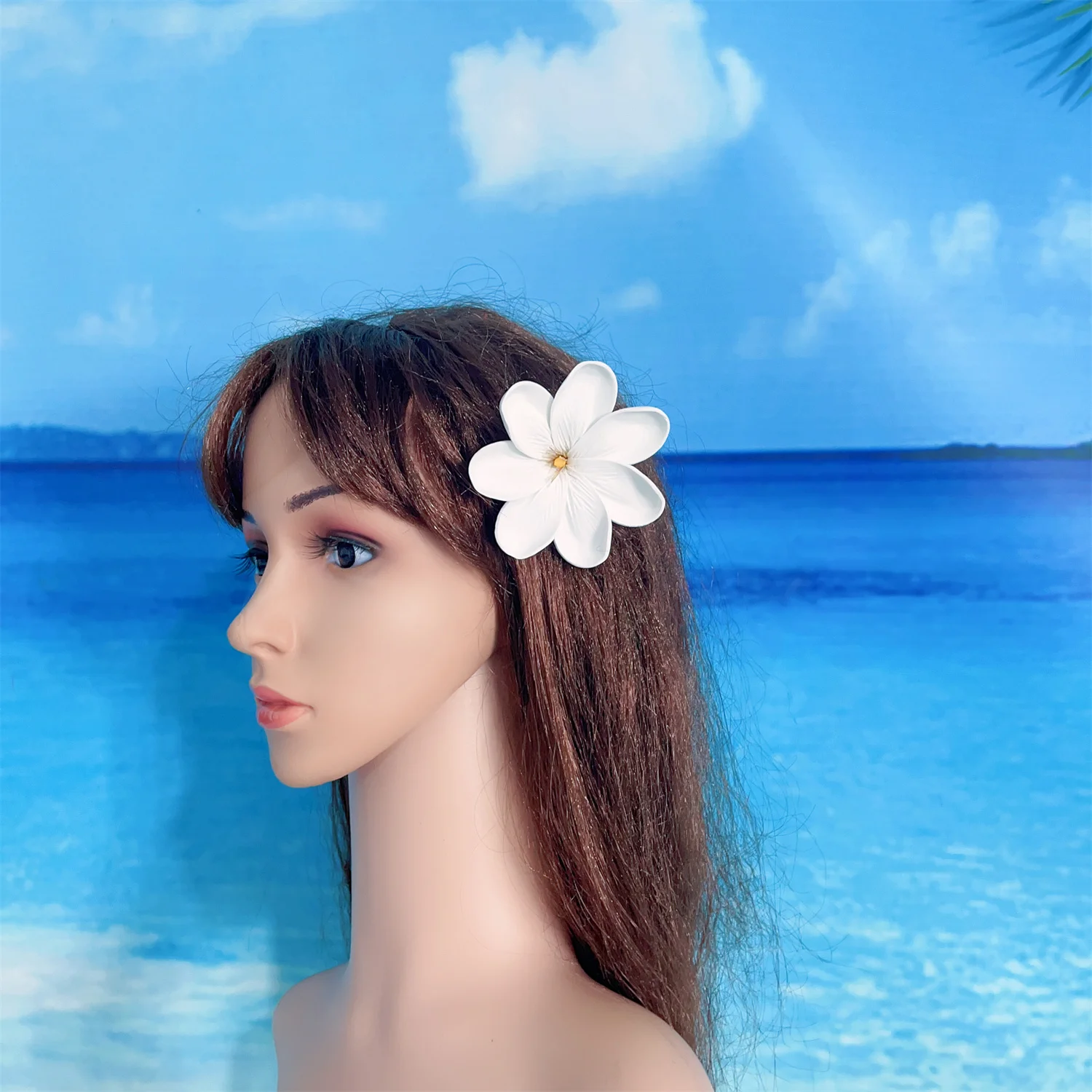 8CM EVA Party-Style White Foam Tiare with Yellow Tip Hawaii Island Inspired Artificial Ear Pick Flower