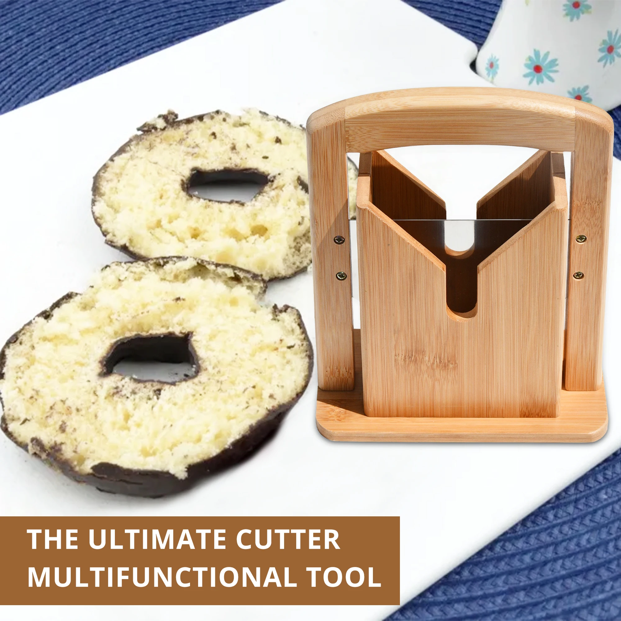 Youlike Bamboo Bagel Cutter Slicer,Kitchen Mini Donut Bagel Holder Guillotine Slicer for Buns, Muffins and Rolls