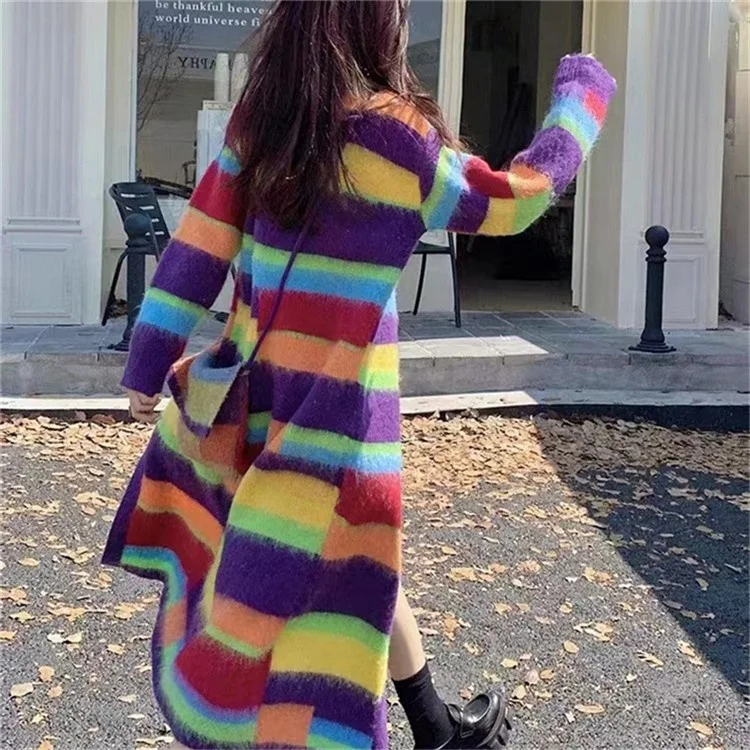 Women Candy Contrast Color X-Long Rainbow Striped Sweater Coat Vintage Stripes Knitted Cardigan Single Breasted Sueter Knitwear