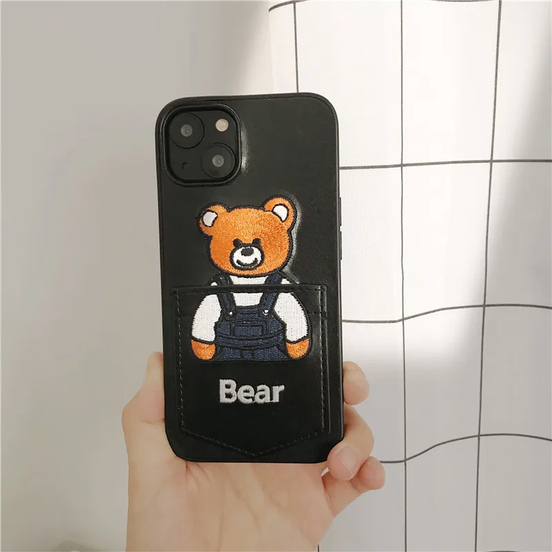 Cute Shell Cover Phone Card Pocket Bear Cartoon Leather Phone Cases for Apple iPhone 15 14 13 12 11 pro max Case