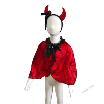 Halloween girls red devil Demon horns headband cape/cloak 2pcs dress up Masquerade cosplay costume