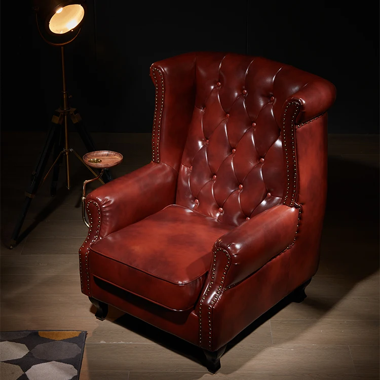 American Style Wood Frame Upholstered Genuine Leather Armchair Brown Wingback Chair