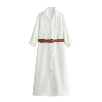 Women 2024 Spring New EuropeAn-American Style White Long Sleeved Shirt Lapel Belt Strap Adornment Long Dress