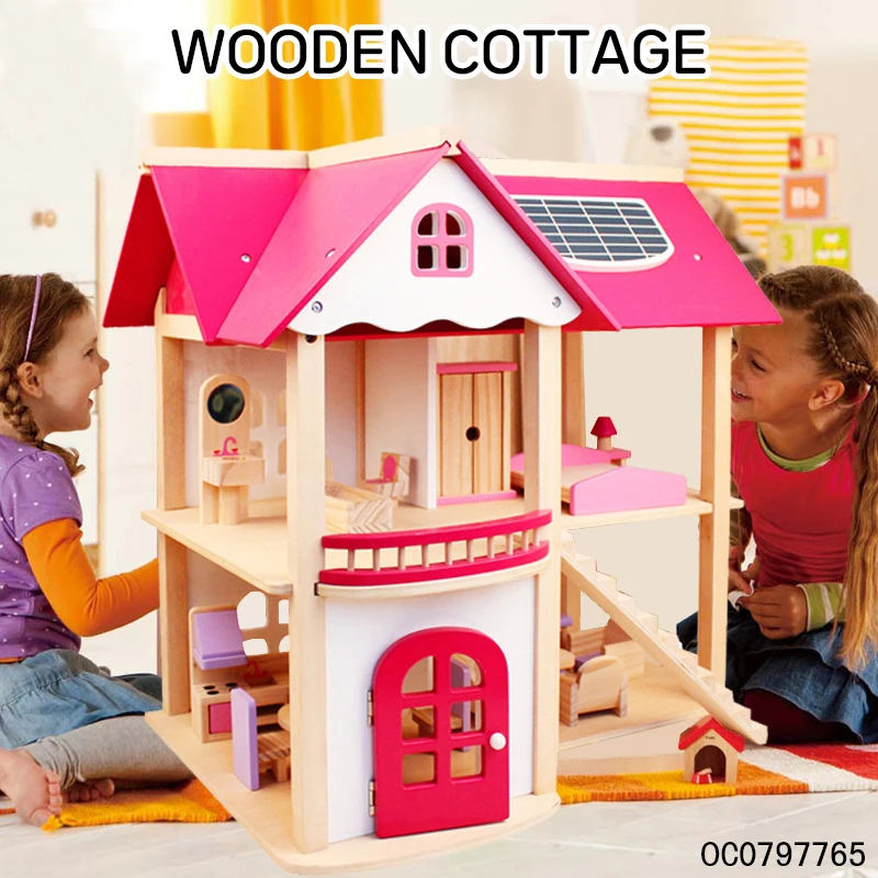 Kids 2 floors small wooden doll house toys for children with wood furniture