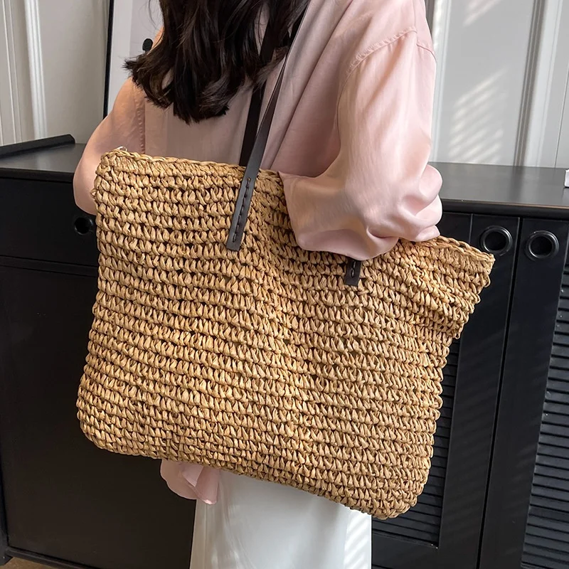 Large Capacity Women's Shoulder Shopping Bag Beach Straw Handbag Woven Knitted Crochet Tote Polyester