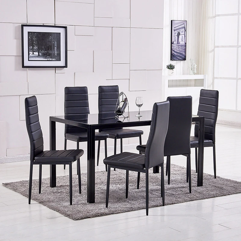 Dining Table Modern Tempered Glass Top Black Legs and PU Leather Chair Furniture