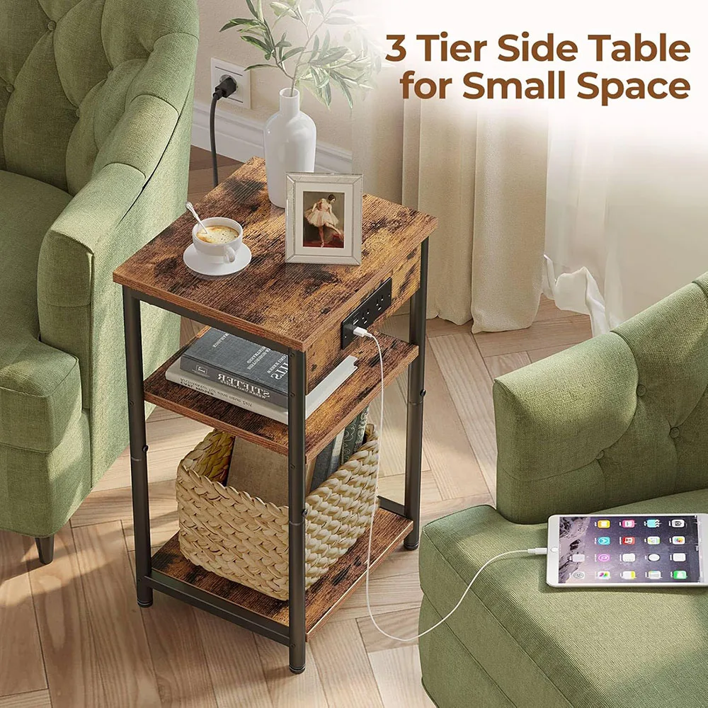 Modern Wood End Table with Charging Station Nightstand with 2 Storage Shelves Narrow Side Table with USB Ports and Power Outlets factory
