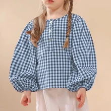 Spring autumn girls children clothes plaid long sleeve top blouse / vintage loose casual blue checker prints little girls shirts