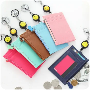 Small Women Wallets Leather Card Case Holder ID Badge Holder Retractable Reel Clip 5 Card Holder Case with Keychain