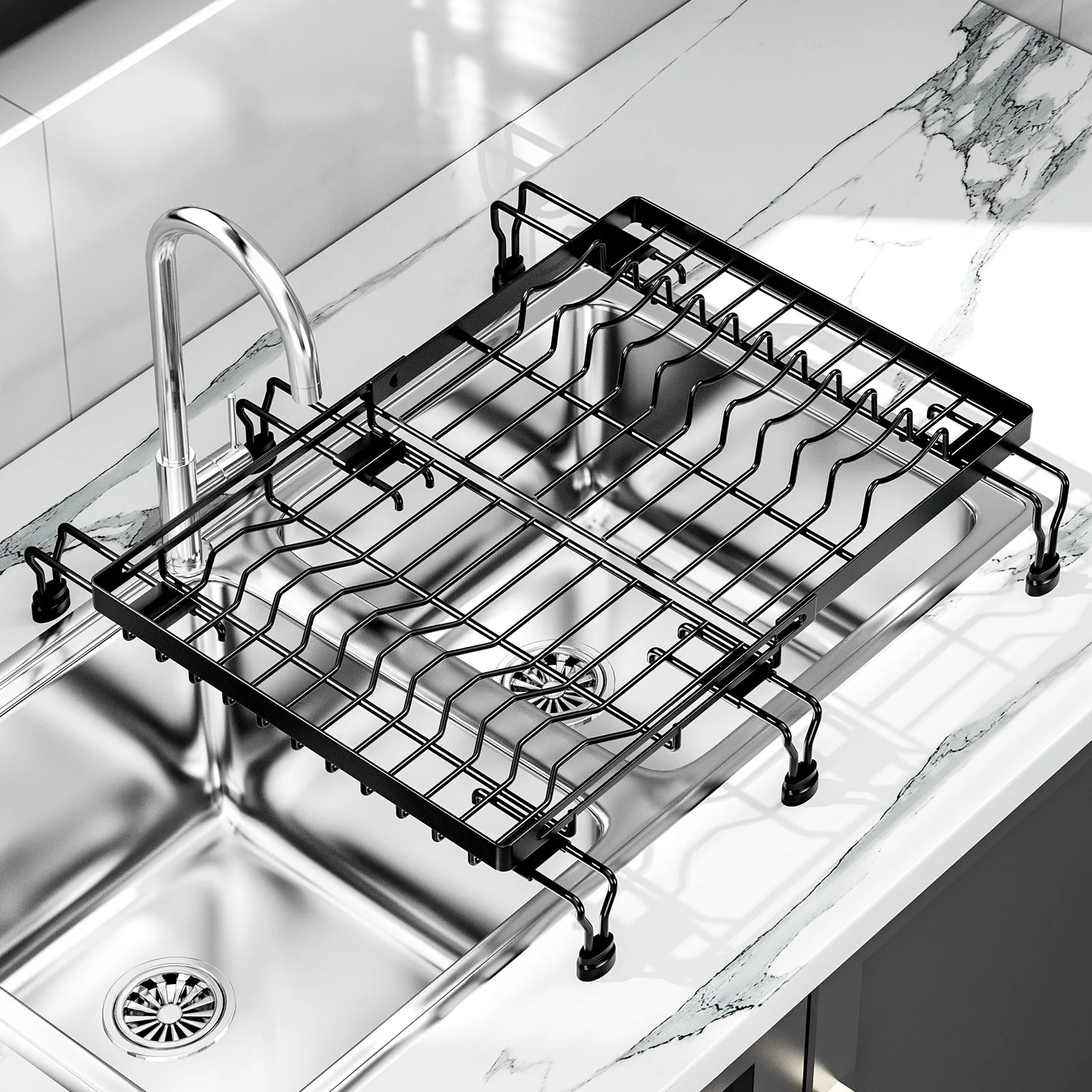Kitchen Multifunctional Fruit and Vegetable Dish Drainer Storage Net Rack Two-way Telescopic Sink Drainage Mat
