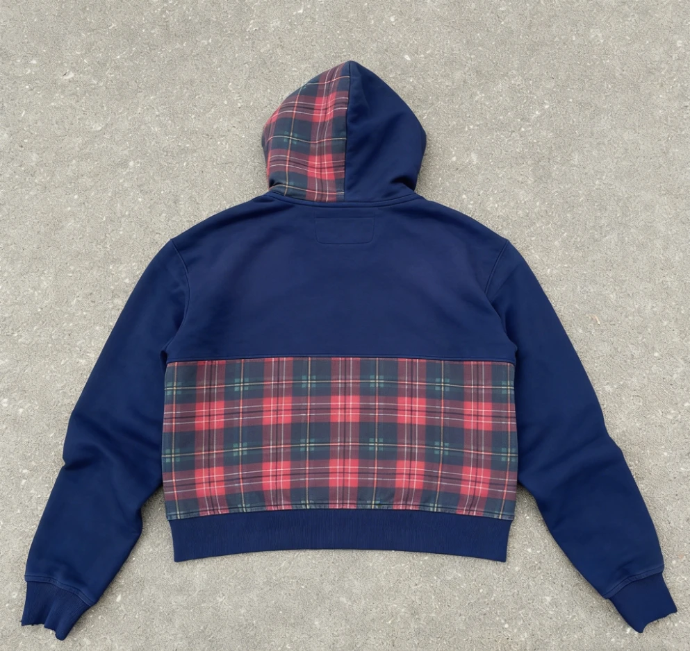 Custom Logo 100% Cotton Patchwork Color Block Zip up Check Plaid Cropped Acid Washing Sun Faded Zip up Hoodie for Men details