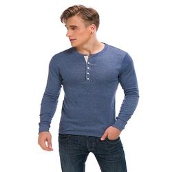 Winter hot sale cotton men clothing dress henley collar with buttons long sleeve casual T shirt