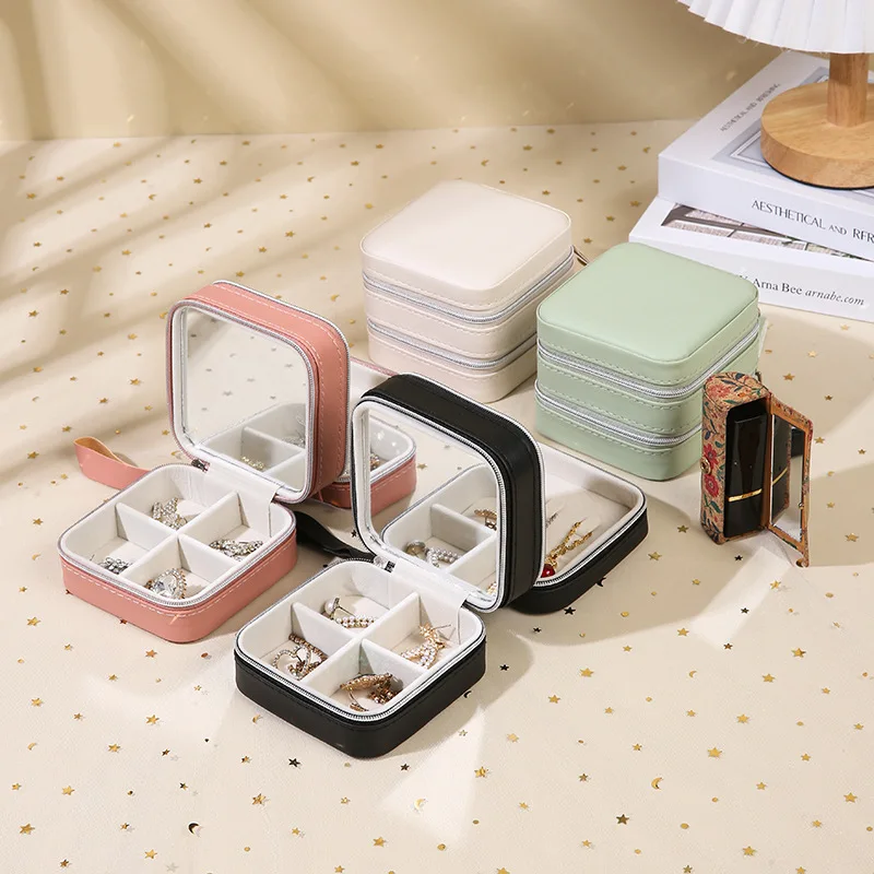 Custom PU leather simple double-layer mini ring and earrings jewelry storage box with mirror