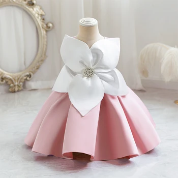 Catpapa Floral Decorated Kids Princess Dress Satin Baby Girl Clothes for 4-8Y Winter Knee-Length Wedding Big Flowers Plain Dyed
