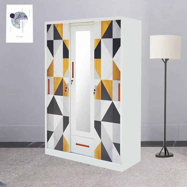 Home Furniture Bedroom Furniture Portable Metal Wardrobe with 3-Door Steel Swing Printed Metal Frame Closet