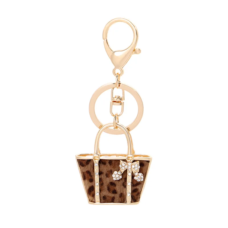 Leopard Bag Keychain Pack Charms Handbags Pendant Accessories Ring Purse Hanging Ornament Backpack Car Decor Rhinestone Crystal