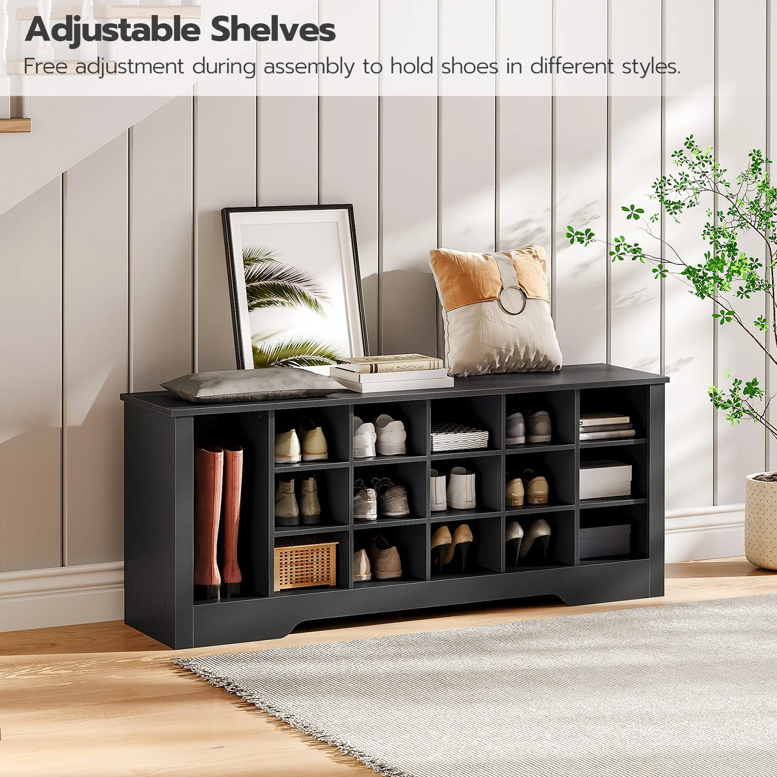 Wholesale Black Wooden Hallway Entryway Shoes Storage Bench Large Shoe Cabinet With 18 Cubbies Seat Shoe Organizer Bench Long