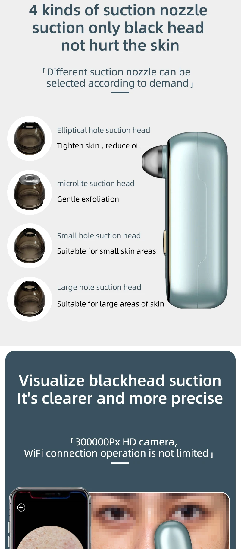 Visible vacuum blackhead removerwith 4 kinds of suction nozzle--electric blackhead remover with 300,000 cameras