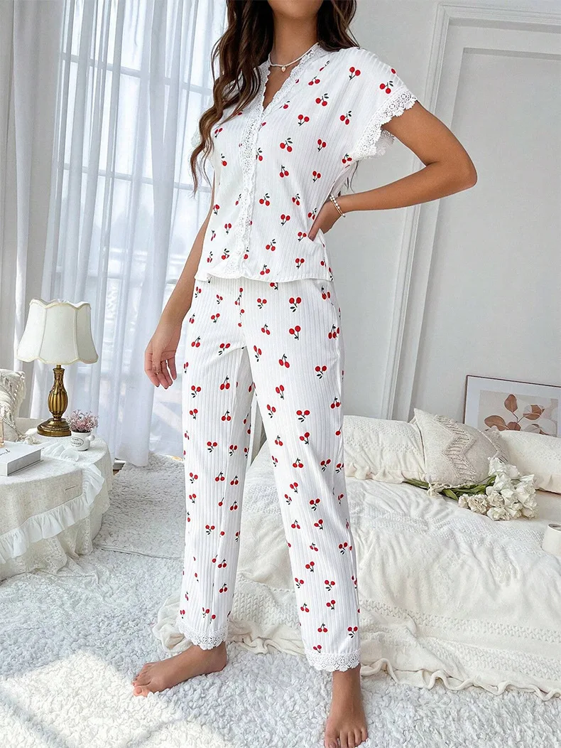 European American Women's Elegant Autumn Winter Pajamas Sexy V-Neck Lace Cherry Print T-Shirt Slim Fit Long Pants