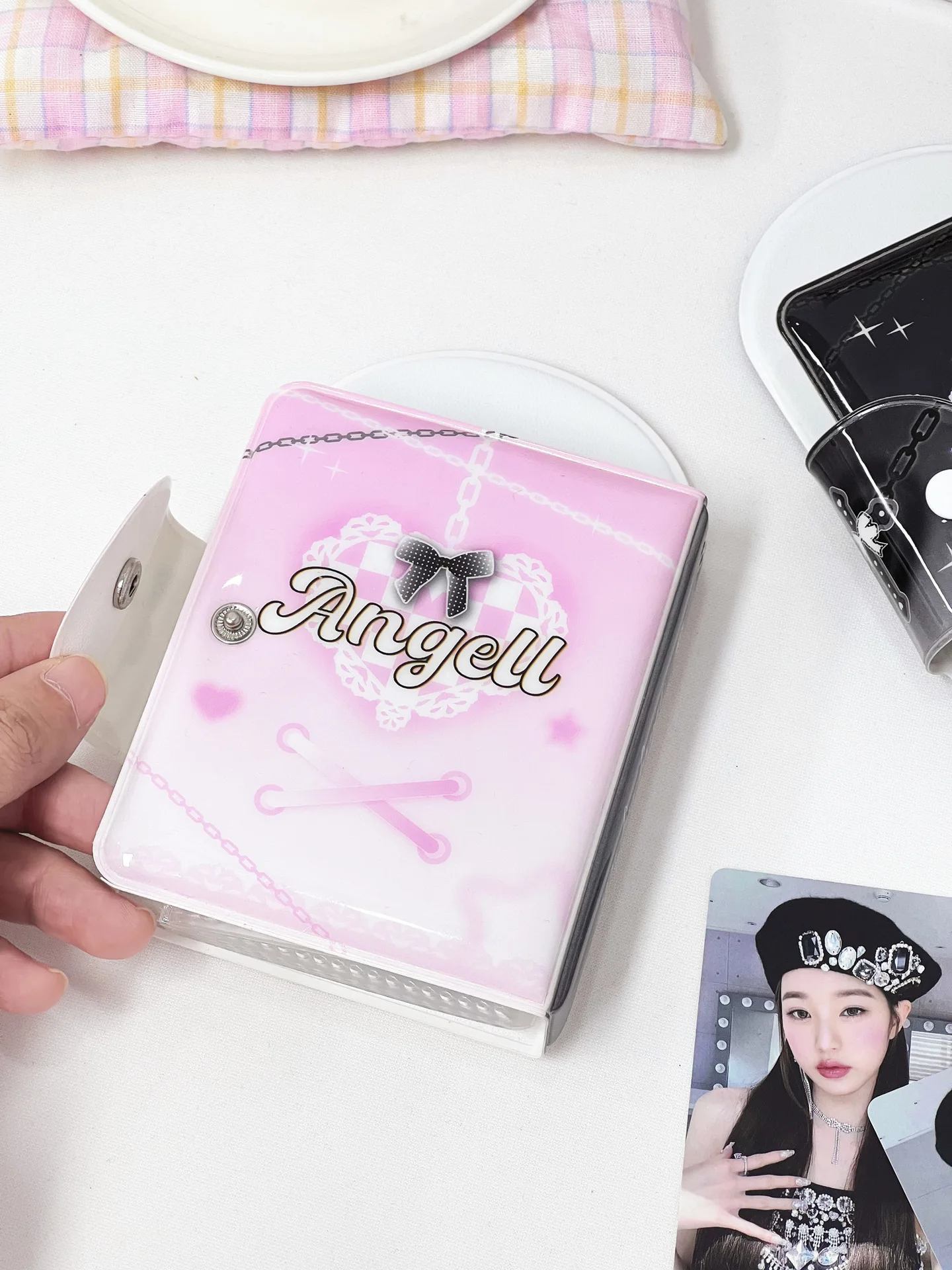 Korean Y2K Sweet Cool Pink Black Photocard Holder Lace Chain