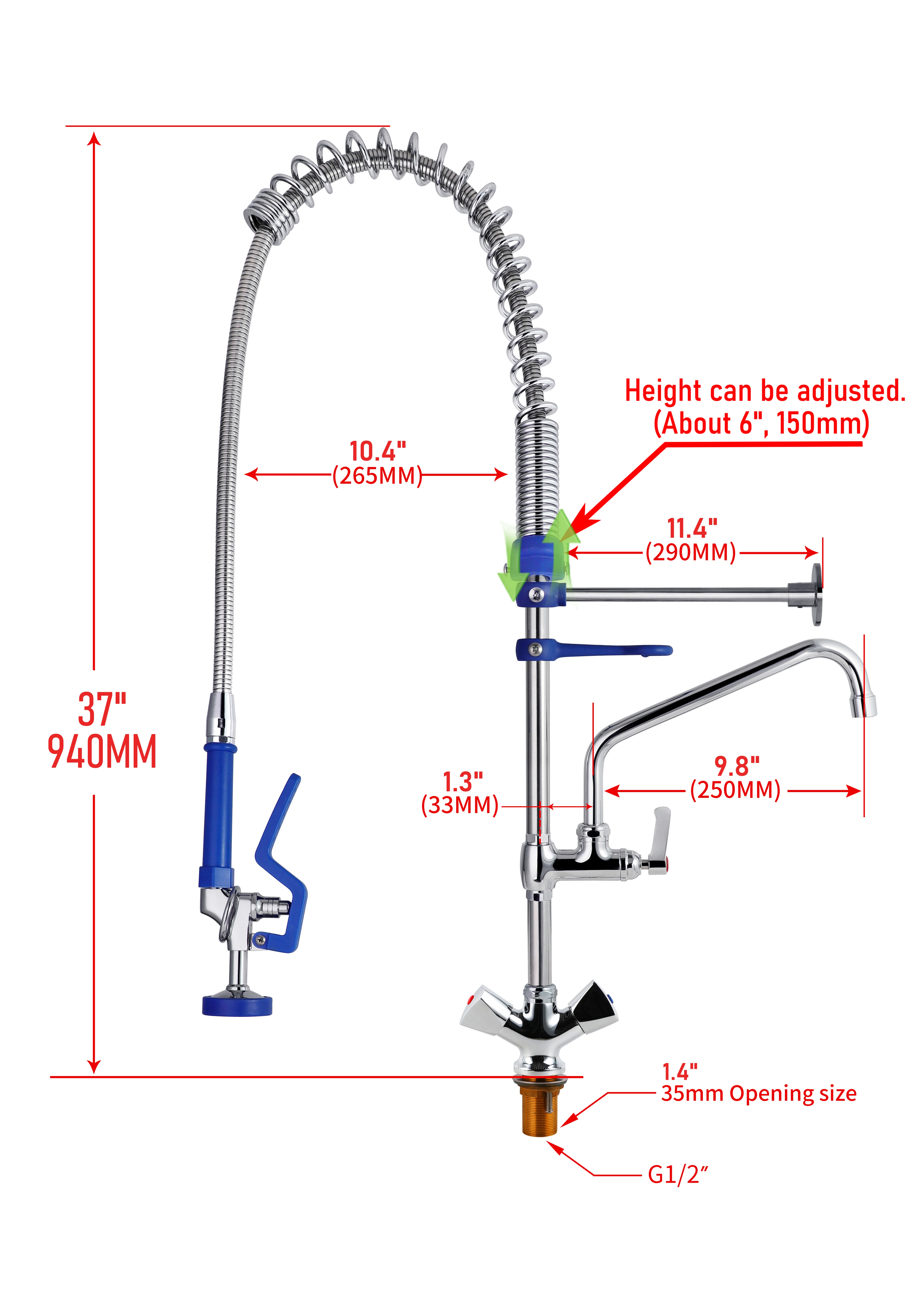 Commercial Dual Handle Pull Pre Rinse Deck Mounted Faucet Adjustable Height EasyInstall Handwheels Options Kitchen Sink Single manufacture