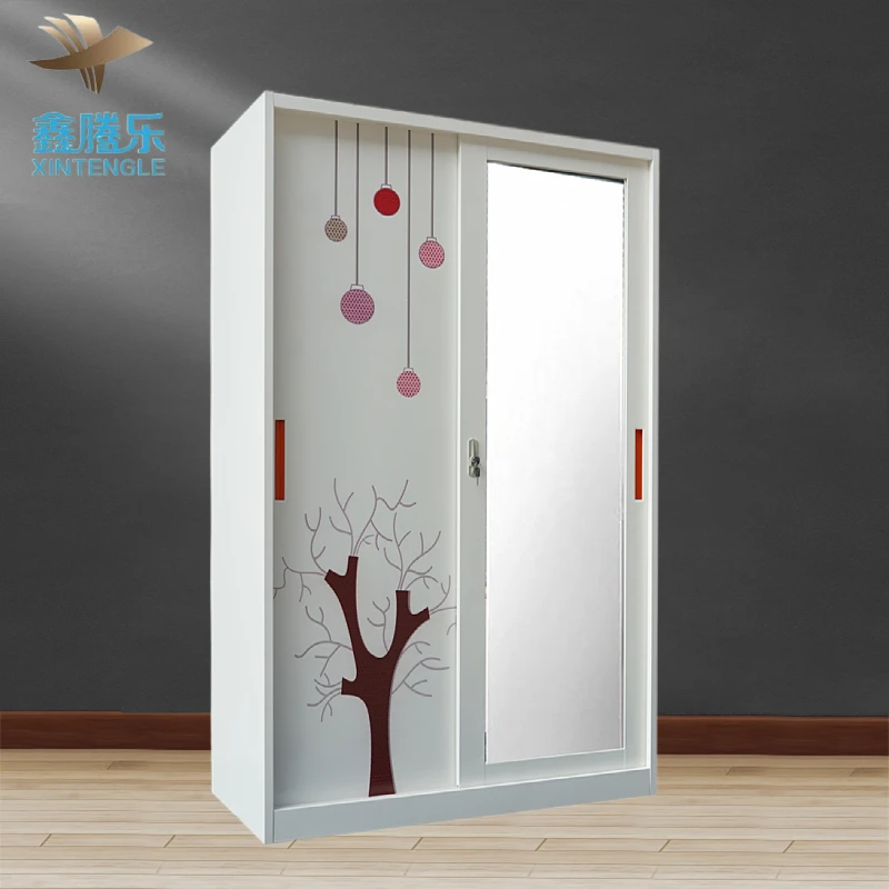 Customized Printed Pattern Indonesia Steel Sliding Bedroom Wardrobe Lemari Pakaian Kamar Tidur Geser Baja Home Furniture