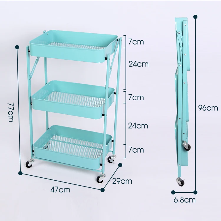 Foldable Installation free Kitchen Trolley Rack Floor Three story Home Storage Shelf For Snacks Fruit And Vegetable