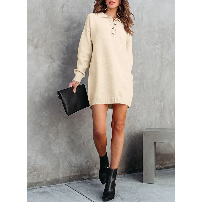 Dear-Lover Wholesale Fast Shipping Women Clothing Shift Dress Polo Collar Knitted Mini Sweater Dress