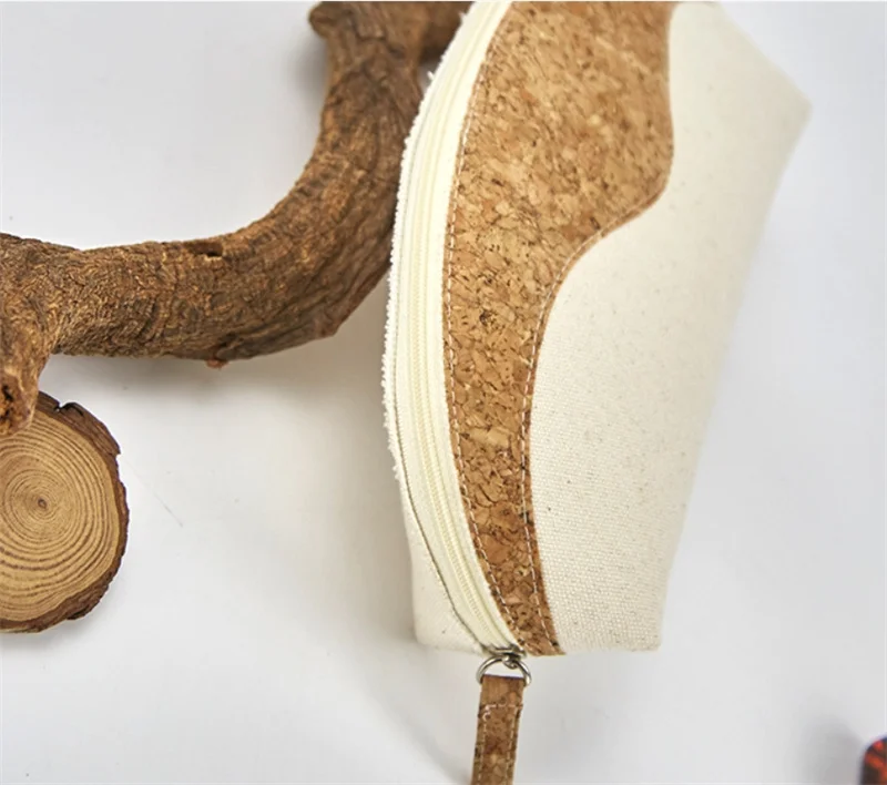 Custom Logo Cotton Canvas Cosmetic Bag Eco Friendly Zipper Pouch Cork Travel Toiletry Shell Makeup Organizer Cork Cosmetic Bag