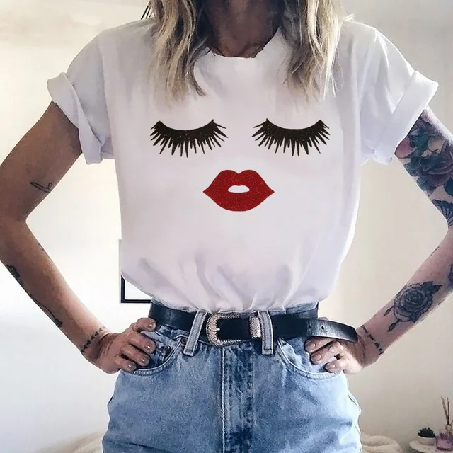 2021 Summer Fall Stylish Women's t-Shirts Loose O-Neck Short Sleeve Eyes Lip Printed  Loose t Shirt Blouse Casual Tee Tops