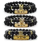 Pave 2Pcs/Set Natural Stone Bead Yoga Bracelet Pave Cz Crown Ball Lion Energy Zircon Men Bracelet