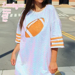 Custom Game Day Wear Apparel Top Football Sequin Embroidery Stripes Shirt Dress Street