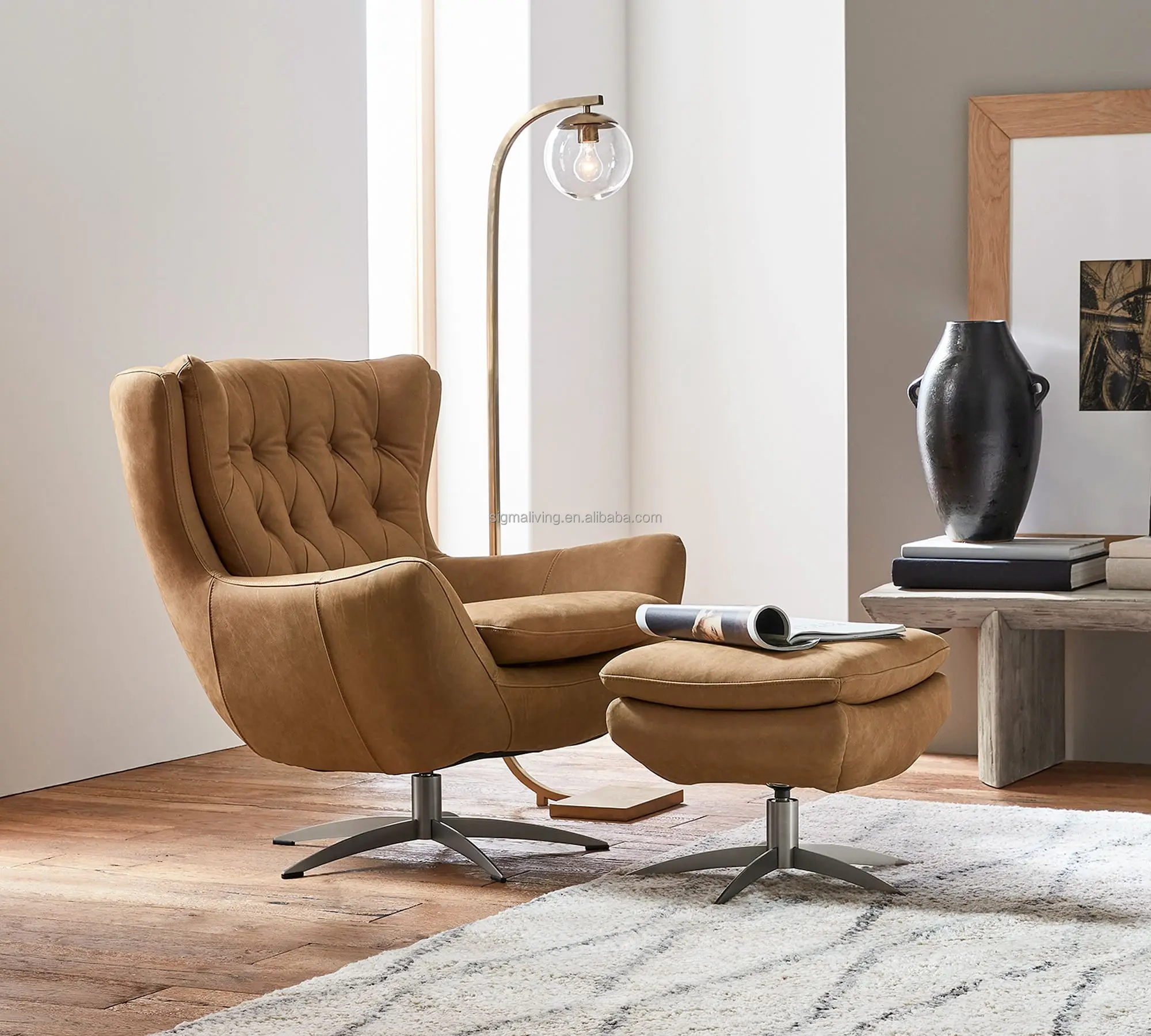 sofa set living room black chair indoor furniture tufted leather swivel armchair