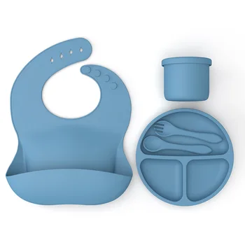 5 Pieces Silicone Children's Tableware Set Silicone Plate Baby Bib Complementary Food Bowl Spoon Fork Feeding Tableware