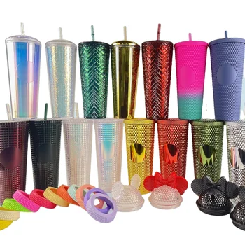 Wholesale Double Wall Matte Plastic Studded Tumbler Grid Collection Cup With Lid Straw Protected By Patent